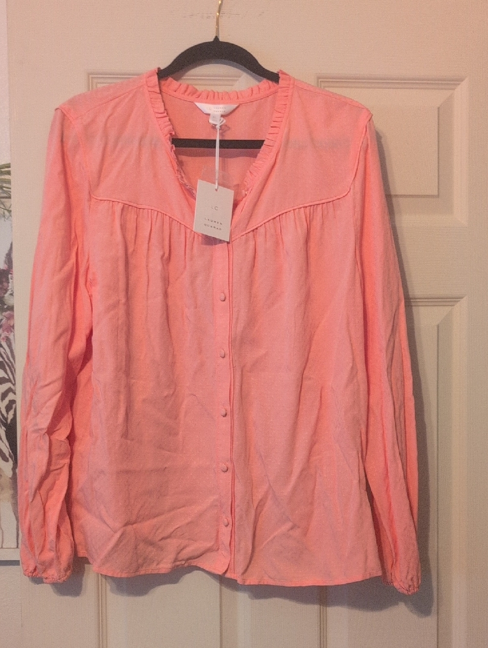 LC Lauren Conrad Coral Button-Front Ruffled Yoke Blouse